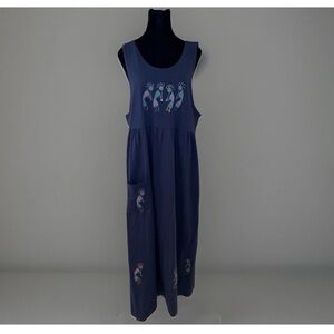 Vintage Maxi Tank Dress Sz L Blue LA Artwear 90s Southwestern Kokopelli Boho USA